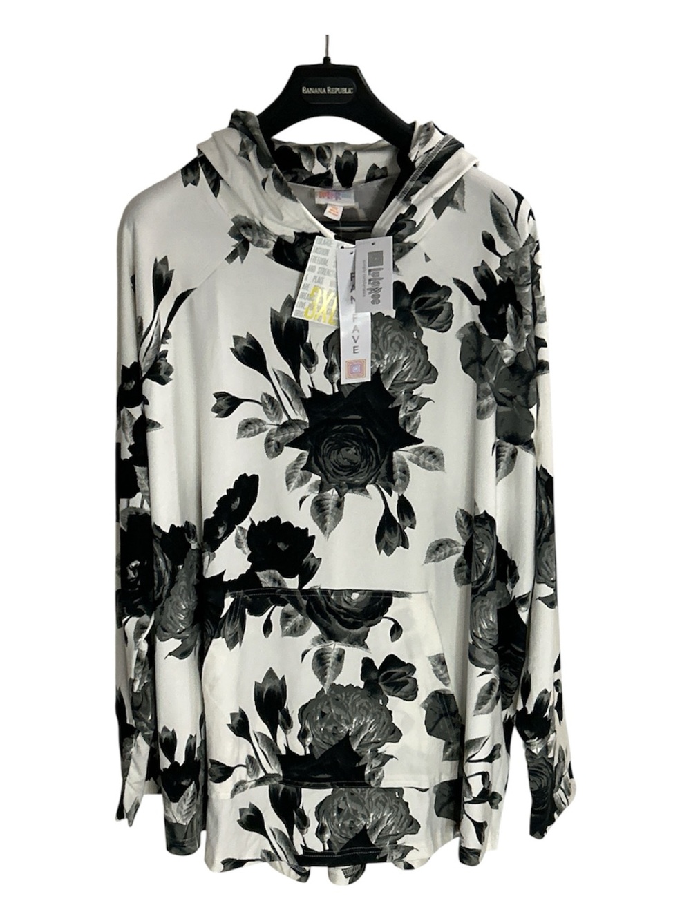 LuLaRoe Unicorn Collection Amber Lightweight Black & White Floral Hoodie. Sz 3X.
